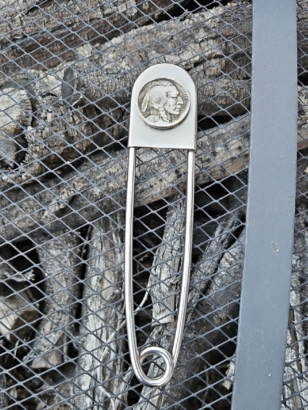 Stainless Steel Jumbo Safety Pin With Buffalo Nickel.